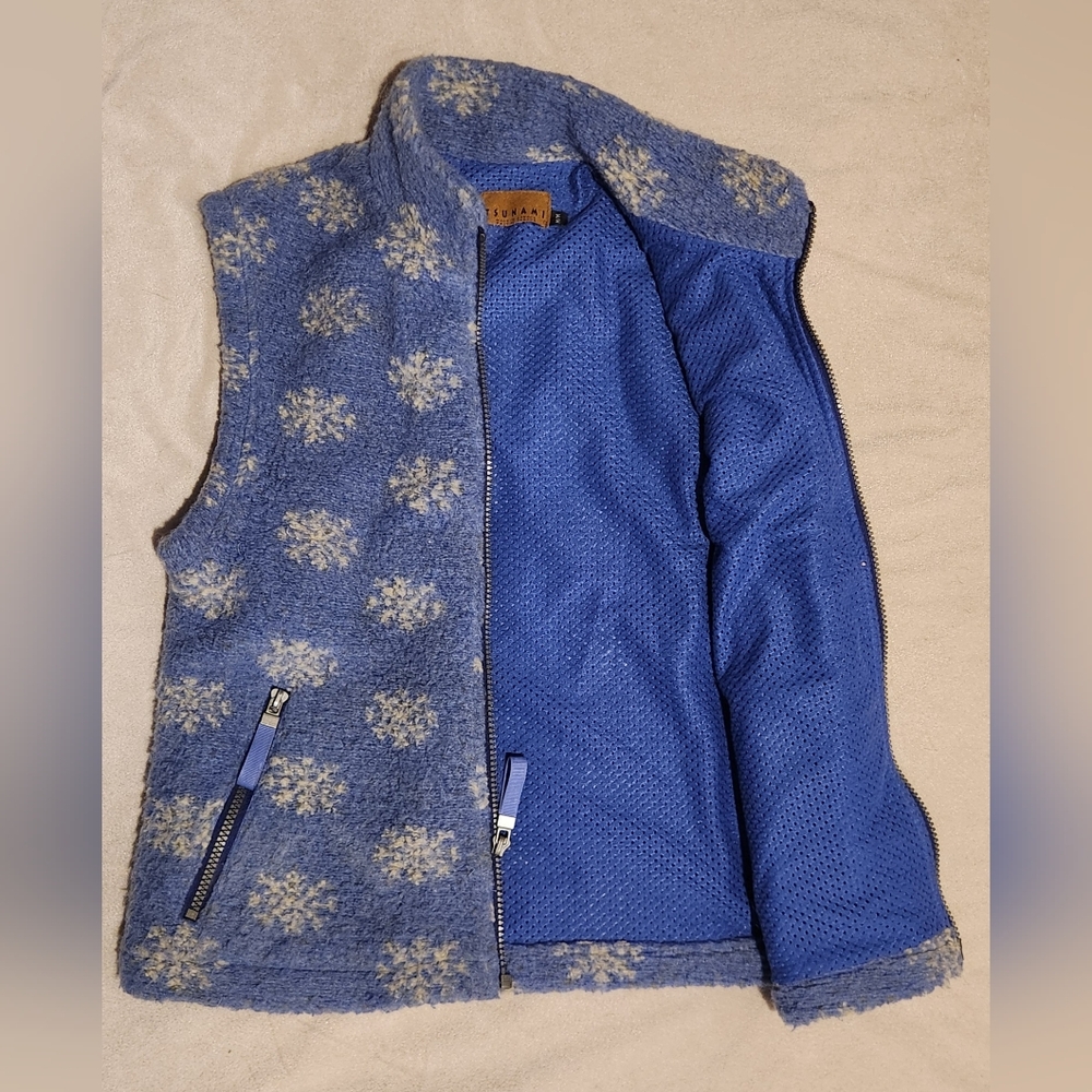 Women's Blue & Cream Fleece Vest w Nordic Snowflake Pattern Cabincore - Sz M